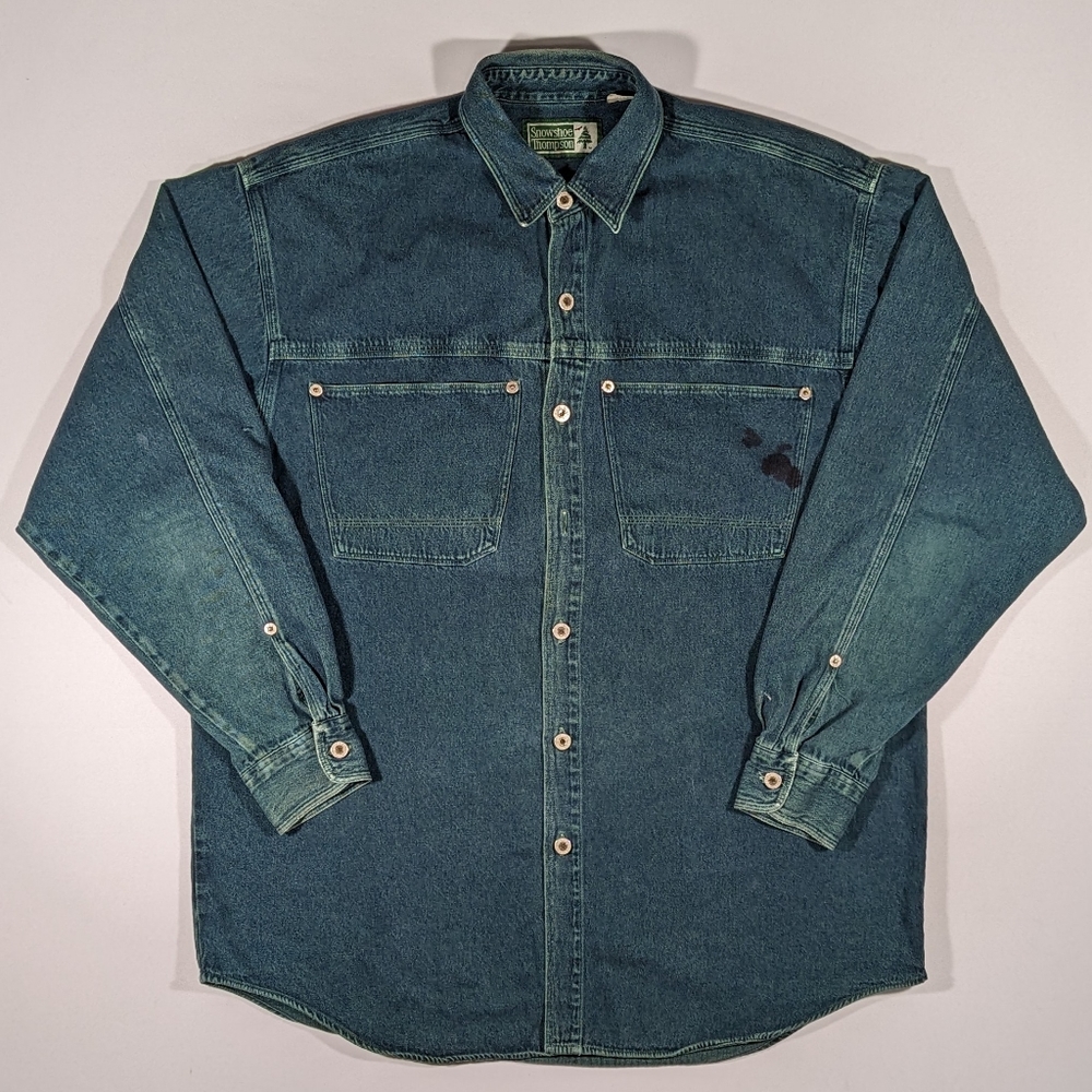Vintage 90s Snowshoe Thompson Green Washed Denim Men's Medium Button up Shirt